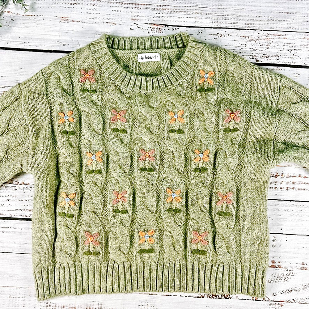 In Loom Sage Green Cable Knit Floral Embroidered Sweater Sz S Cottagecore